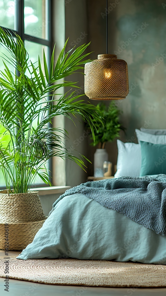 Bedroom Interior with Natural Light, Potted Palm, and Woven Pendant Lamp Creating a Relaxing Atmosphere.