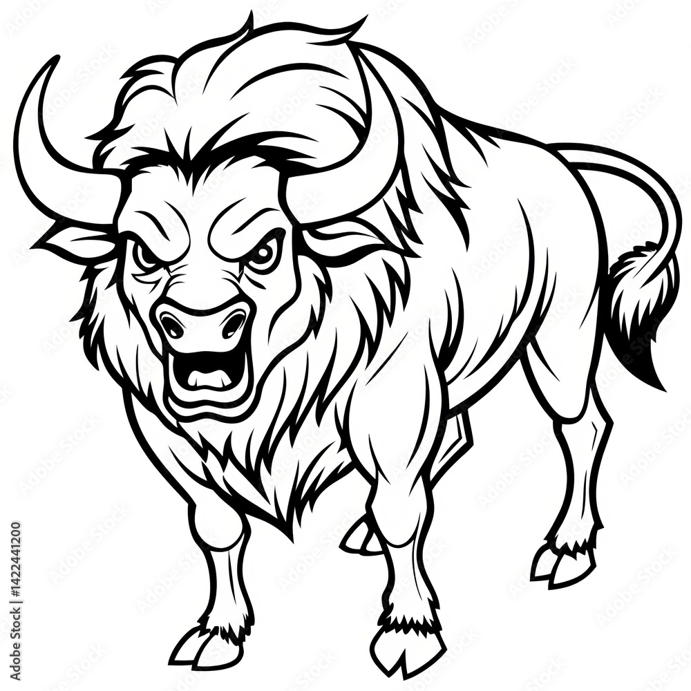 Fototapeta premium black and white bison cow line art 