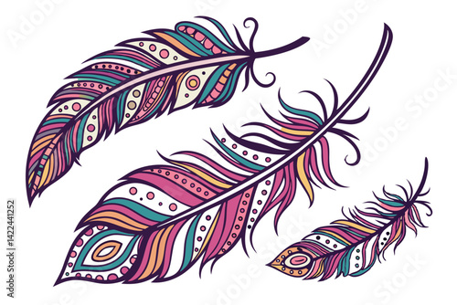 10 Colorful ornate feathers, intricate patterns, vibrant hues, rainbow colors, detailed illustrations, whimsical design, tribal inspired, bohemian style, decorative plumage, artistic feather collectio