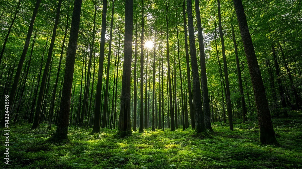 Obraz premium A peaceful forest scene with towering trees and sunlight filtering through vibrant green leaves.
