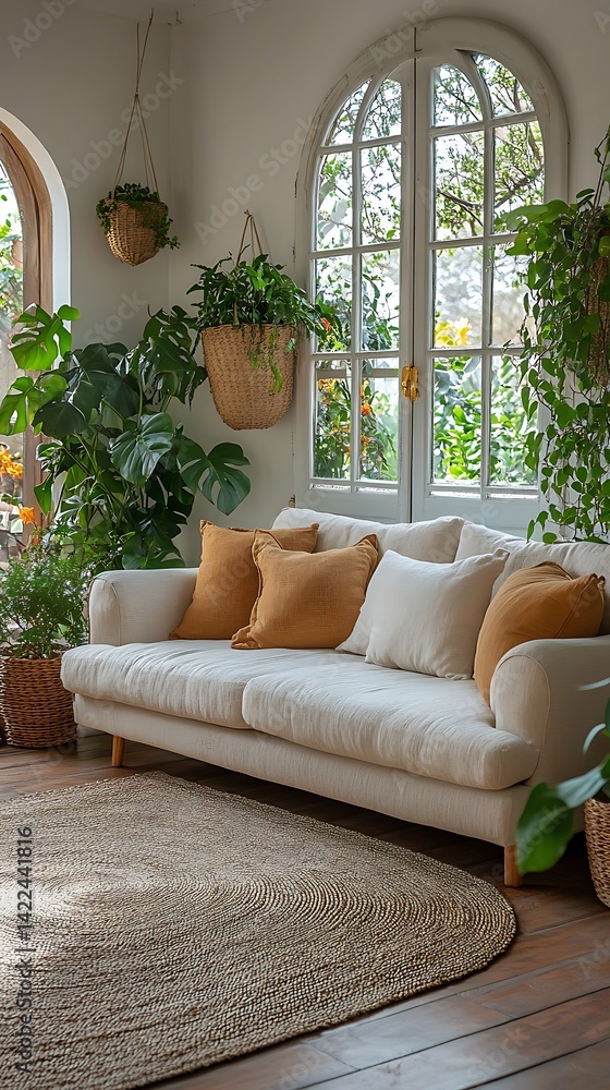 Bright living space with natural light, cozy sofa, indoor plants, wooden floor, jute rug, and arched window for a relaxed ambience.