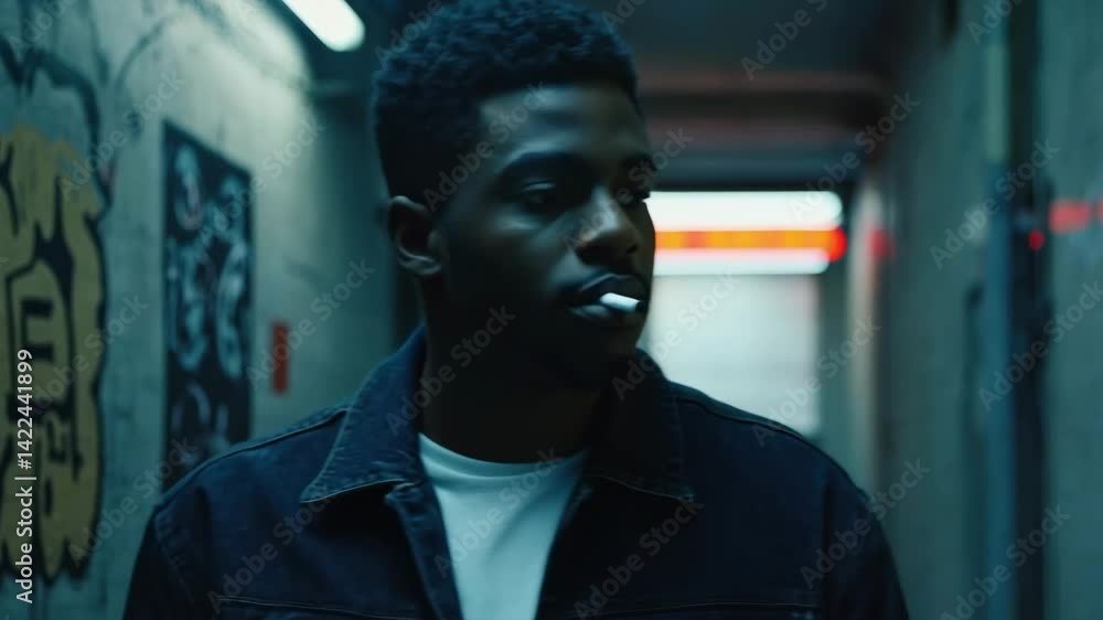 Moody Cinematic Portrait of a Dark-Skinned Man Smoking in Urban Graffiti Alley at Night
Moody Cinematic Portrait of a Dark-Skinned Man Smoking in Urban Graffiti Alley at Night