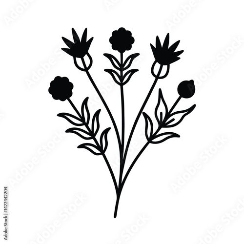 wild bouquet of thistle poppies and serrated leaves