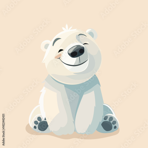 Cute vector illustration with a formidable predator. Baby polar bear with a happy smile on a beige background. Square illustration is suitable for stationery or advertising of children's products.