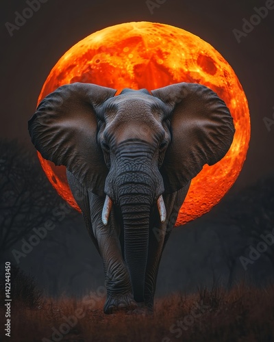 Majestic elephant approaching the lens with a vibrant orange moon in the background
