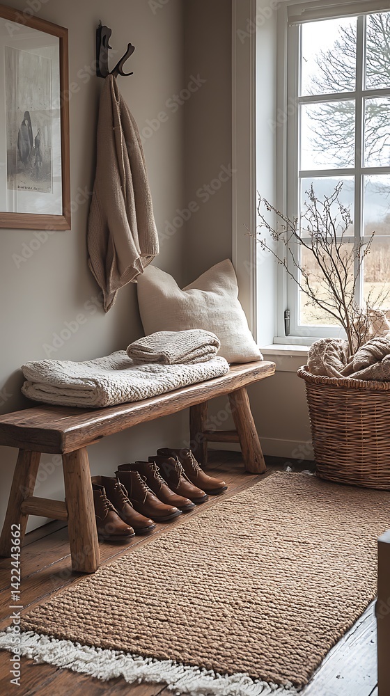 Cozy entryway with wooden bench, soft textiles, leather shoes, textured rug, and natural light creates inviting and serene home atmosphere.