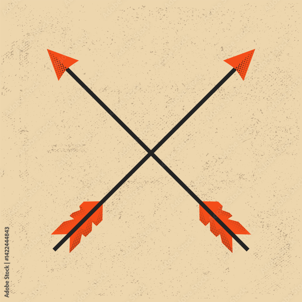 Vintage crossed arrows icon with feathered tails and tribal style, perfect for outdoor adventure logos, scout badges. Vector illustration