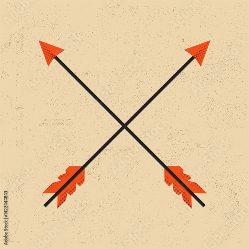 Vintage crossed arrows icon with feathered tails and tribal style, perfect for outdoor adventure logos, scout badges. Vector illustration