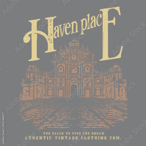 Royal palace hand sketch artwork for t shirt, Vintage building, California Beach resort, summer apparel t-shirt design. Tropical holiday T-shirt design For Resort Vibes, beach resort with big waves