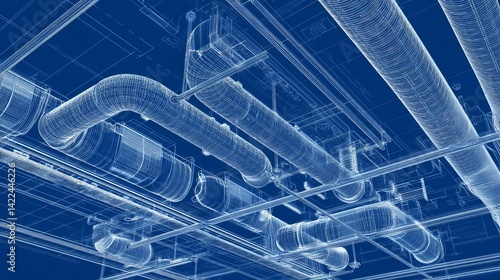 BIM model blueprint of air duct system 3D vector illustration for architectural planning
