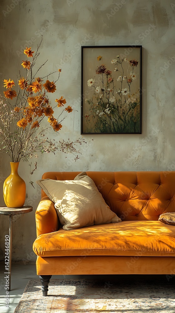 Cozy Living Room Scene with Vintage Sofa, Floral Arrangement, and Wall Art for Interior Design Inspiration.