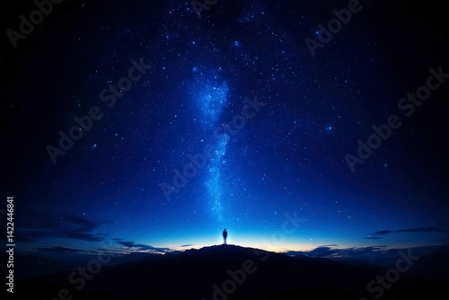 Silhouette figure on hilltop under starry night sky