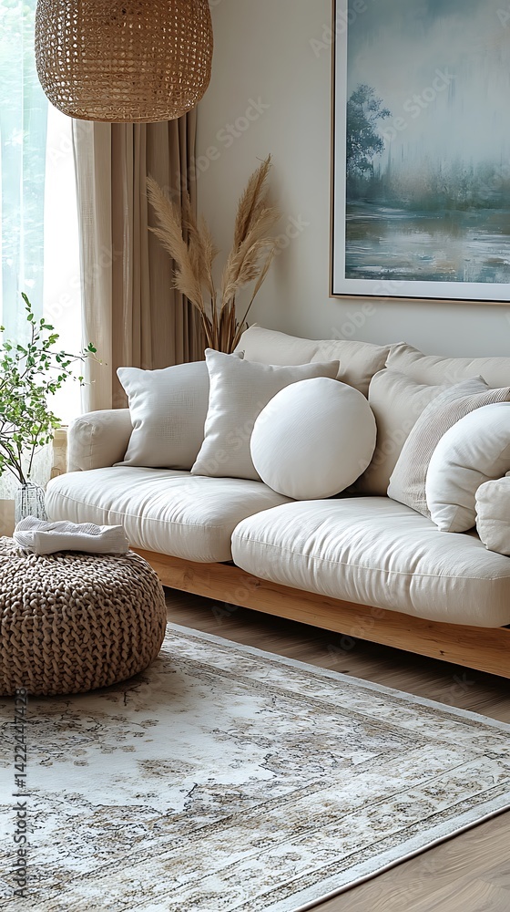 Cozy living space featuring a neutral-toned sofa, patterned rug, round knitted pouf, and natural light creating an inviting and stylish room.