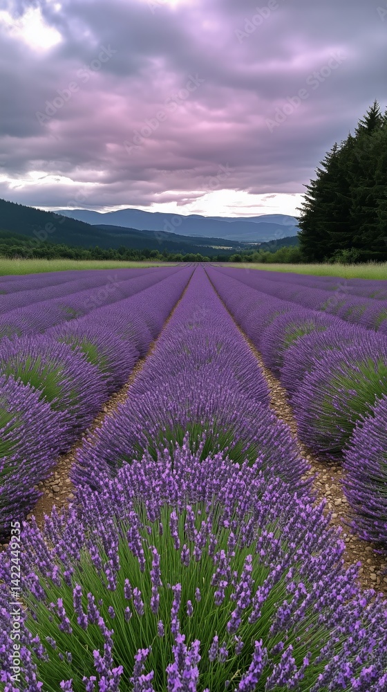Naklejka premium Lavender Fields at Sunset in a Mountainous Landscape With Colorful Horizon