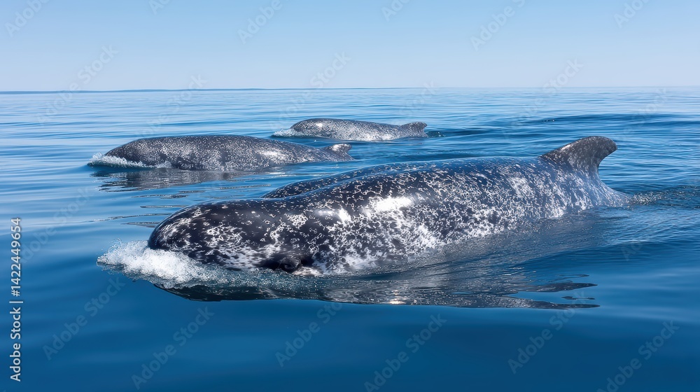 Obraz premium Gray whales swimming gracefully in calm blue ocean waters under clear skies