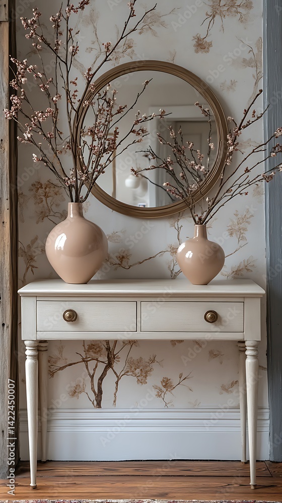 Elegant Interior Decor Featuring a White Console Table, Floral Branches, Round Mirror, and Patterned Wallpaper