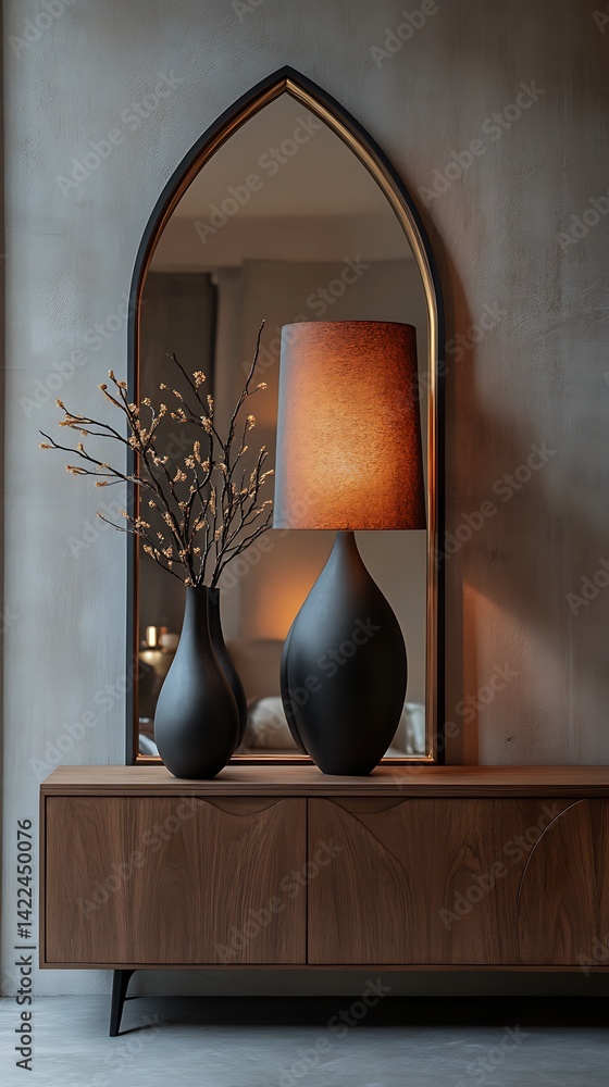 Elegant interior design: Stylish lamp and vase arrangement in front of a chic mirror, showcasing a modern living space.