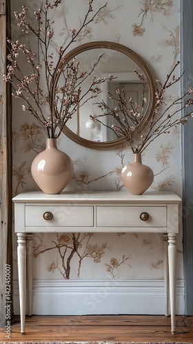Obraz na płótnie Elegant Interior Decor Featuring a White Console Table, Floral Branches, Round Mirror, and Patterned Wallpaper w salonie
