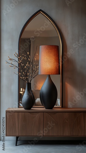 Obraz na płótnie Elegant interior design: Stylish lamp and vase arrangement in front of a chic mirror, showcasing a modern living space. w salonie
