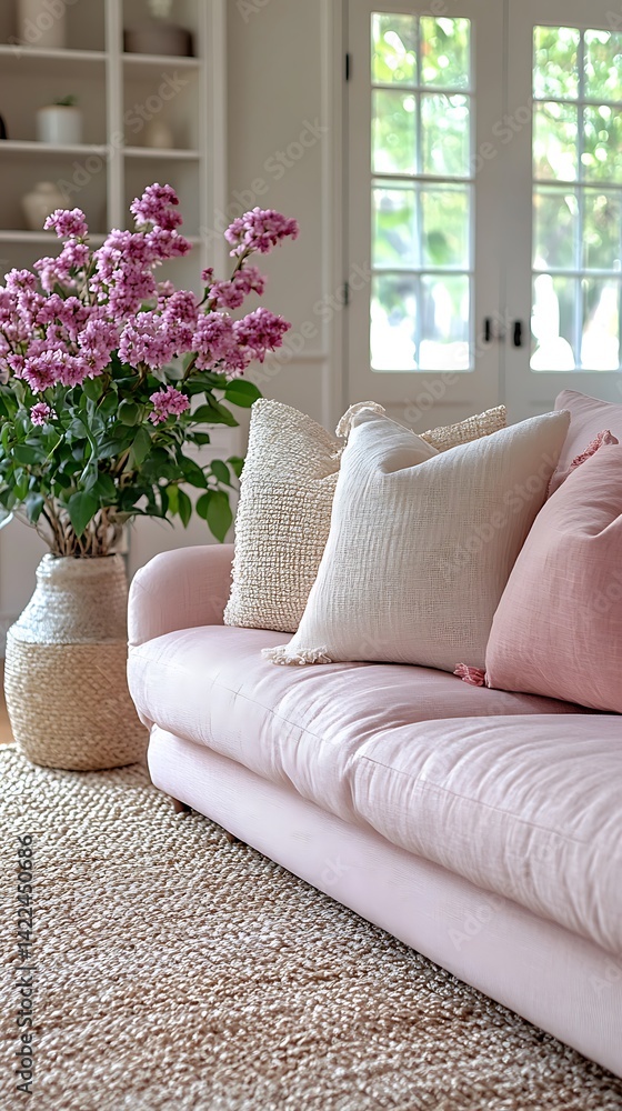 Elegant Living Space with Pink Sofa, Decorative Pillows, and Floral Arrangement, Creating a Serene and Stylish Interior.