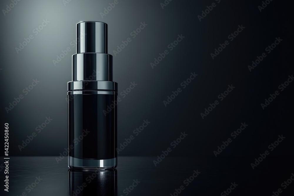 Sleek Black Cosmetic Bottle on Dark Reflective Surface Sleek Black Cosmetic Bottle on Dark Reflective Surface