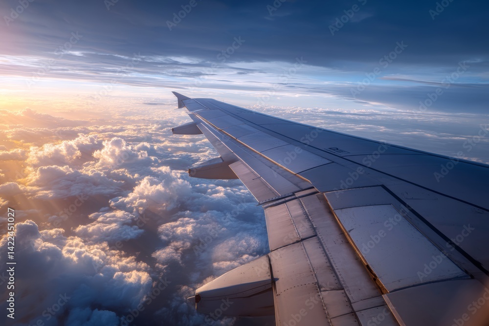 Stunning airplane wing view capturing sunset sky and clouds with glowing sunlight and blue horizon Stunning airplane wing view capturing sunset sky and clouds with glowing sunlight and blue horizon