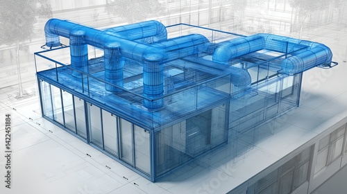 Fototapeta Naklejka Na Ścianę i Meble -  3D BIM illustration blueprint of a complete ventilation system in architecture project