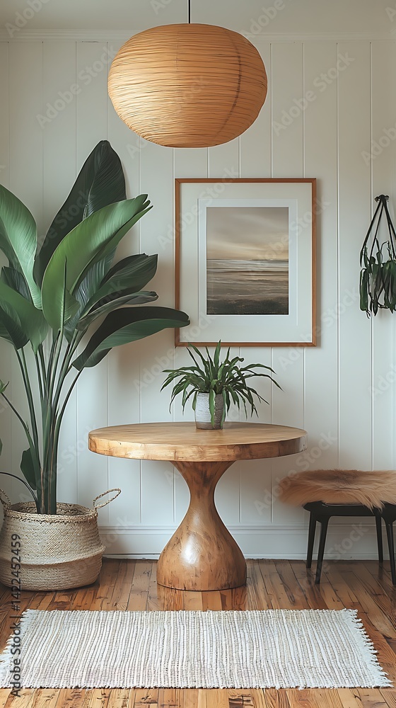 Minimalist Interior Decor with Wooden Table, Potted Plants, Landscape Artwork, and Stylish Lighting Fixture on Wood Flooring.
