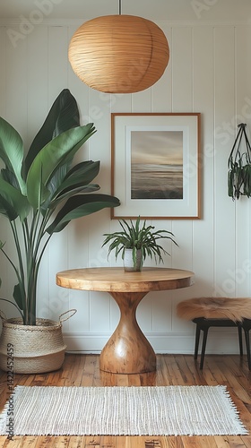 Obraz na płótnie Minimalist Interior Decor with Wooden Table, Potted Plants, Landscape Artwork, and Stylish Lighting Fixture on Wood Flooring. w salonie