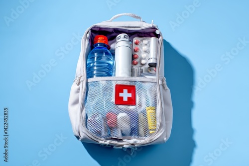 Top view of first aid kit in white backpack with water bottles and flashlights on blue background