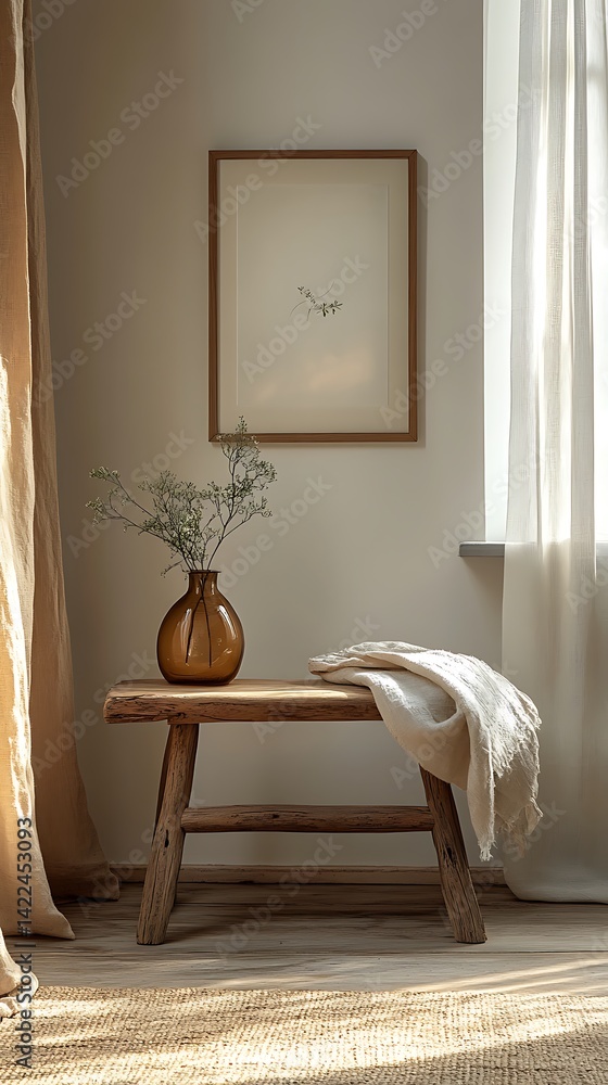 Minimalist Interior Scene with Wooden Stool, Glass Vase, Botanical Print, Linen Drapes and Neutral Palette Décor.