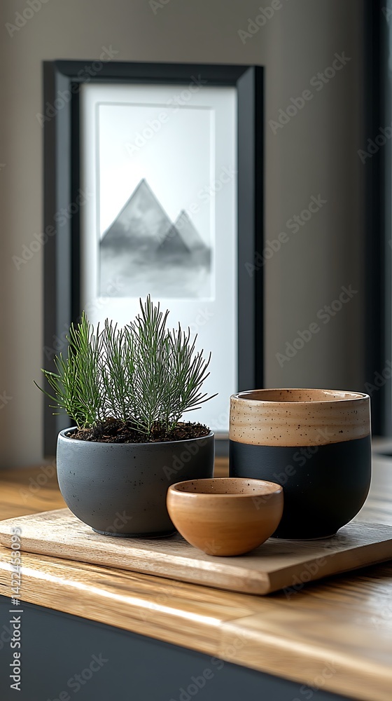 Minimalist Interior Still Life with Potted Plant, Decorative Bowls, and Abstract Mountain Artwork Framed on Natural Wood Surface.