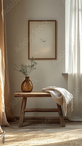 Obraz na płótnie Minimalist Interior Scene with Wooden Stool, Glass Vase, Botanical Print, Linen Drapes and Neutral Palette Décor. w salonie
