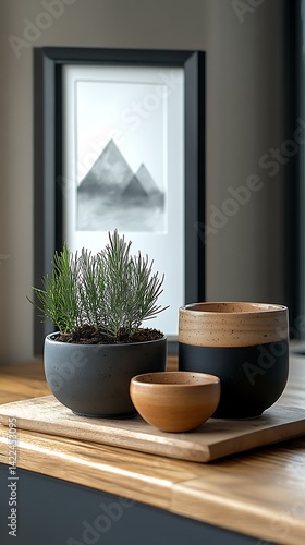Obraz na płótnie Minimalist Interior Still Life with Potted Plant, Decorative Bowls, and Abstract Mountain Artwork Framed on Natural Wood Surface. w salonie