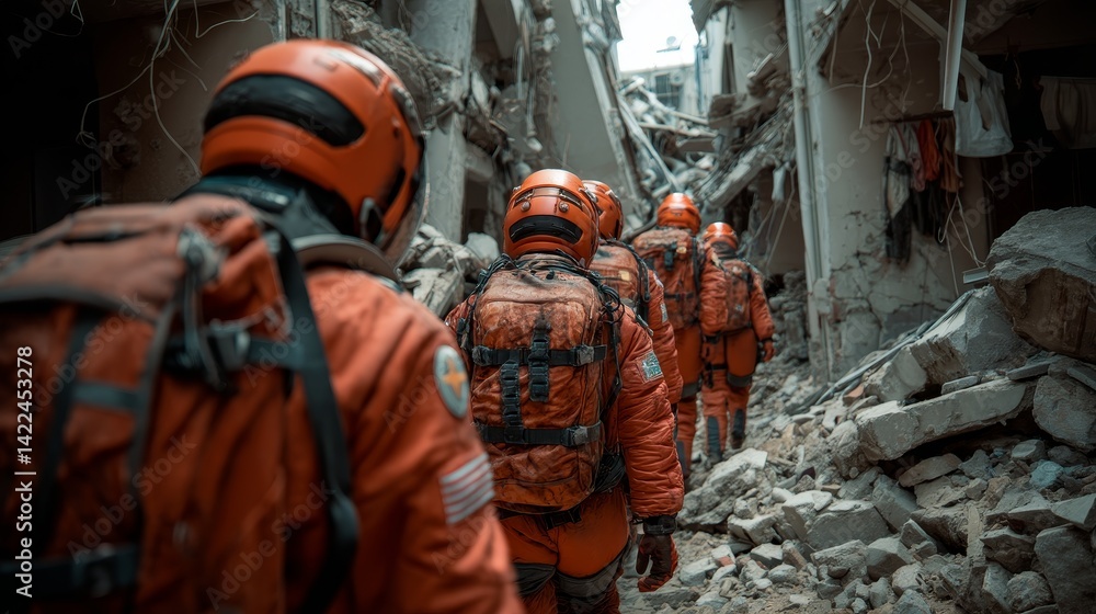 Rescue team in orange uniforms navigating through a collapsed building after a natural disaster Rescue team in orange uniforms navigating through a collapsed building after a natural disaster