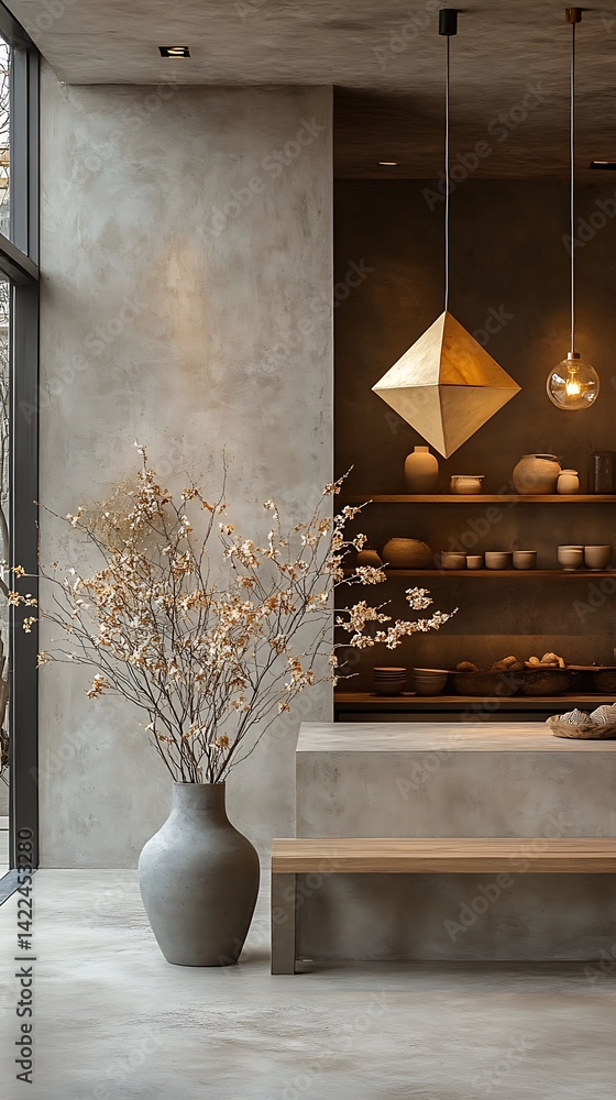 Minimalist Interior with Decorative Branches, Geometric Lighting, and Textured Walls for a Serene and Modern Aesthetic Ambience.