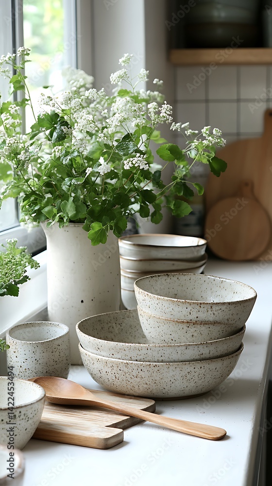 Minimalist Kitchen Scene with Neutral Ceramic Bowls, Wooden Utensils, and Delicate White Flowers by a Bright Window.