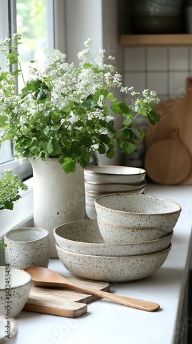 Minimalist Kitchen Scene with Neutral Ceramic Bowls, Wooden Utensils, and Delicate White Flowers by a Bright Window.