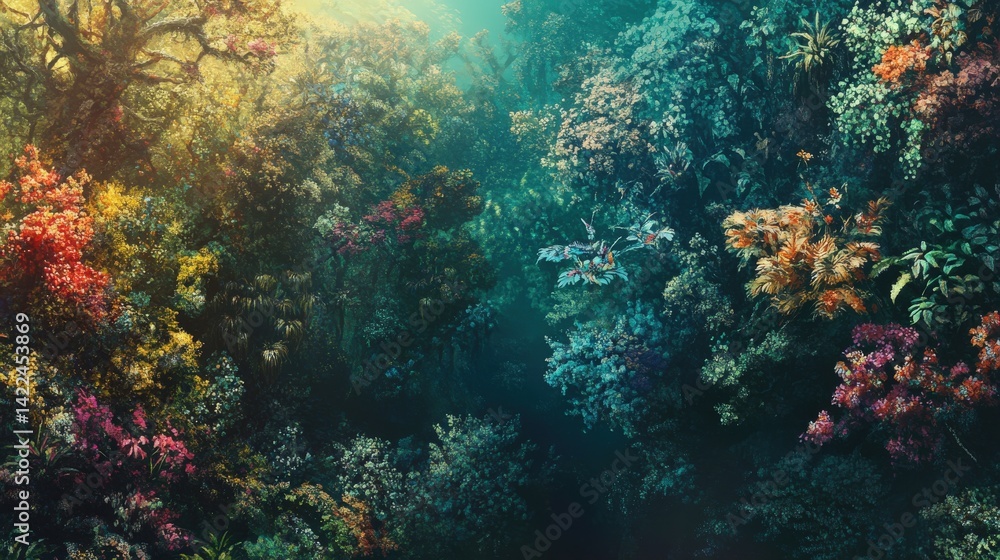 Obraz premium A Lush Forest Canopy Displaying Colorful Blossoms And Dense Foliage