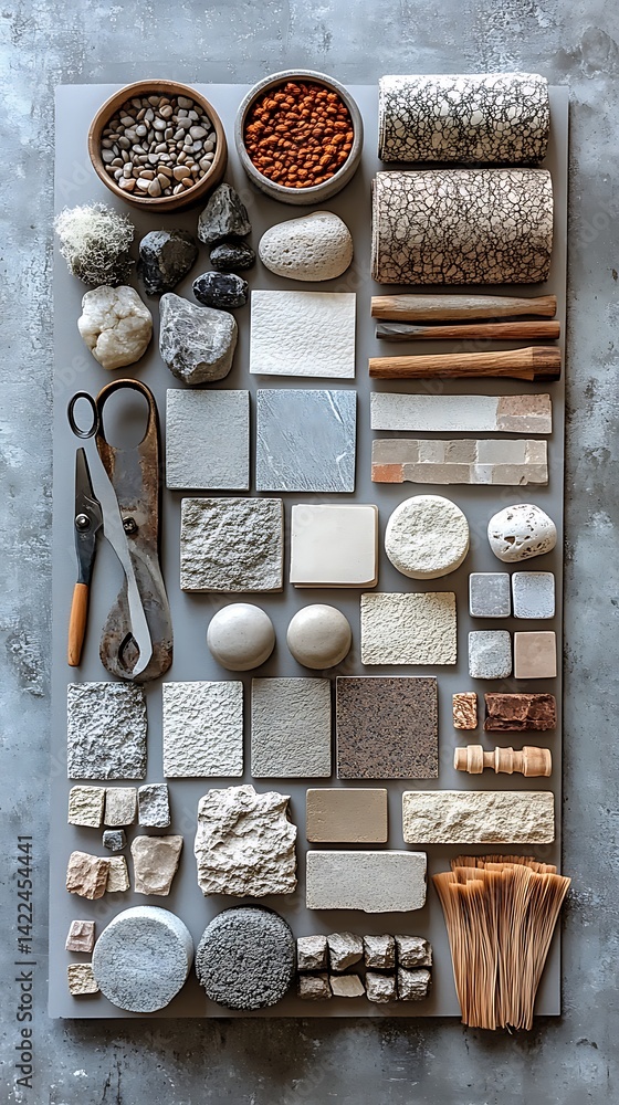 Natural Material Composition: Rocks, Wood, Stones, & Neutral Tones on Concrete Surface, Ideal for Texture Exploration and Nature-Inspired Arrangement.