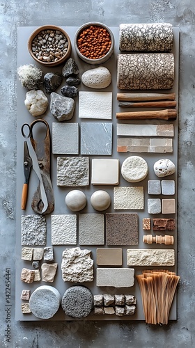 Obraz na płótnie Natural Material Composition: Rocks, Wood, Stones, & Neutral Tones on Concrete Surface, Ideal for Texture Exploration and Nature-Inspired Arrangement. w salonie