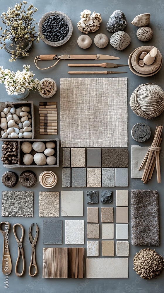 Neutral Tones and Textures Composition Featuring Stone, Wood, Fabrics, and Botanical Elements Arranged Artistically on a Gray Surface.