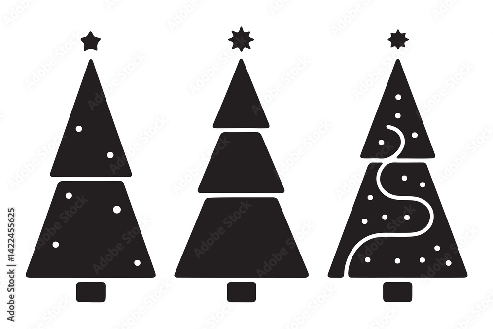 Fototapeta premium Three simple Christmas tree silhouettes with festive variations.