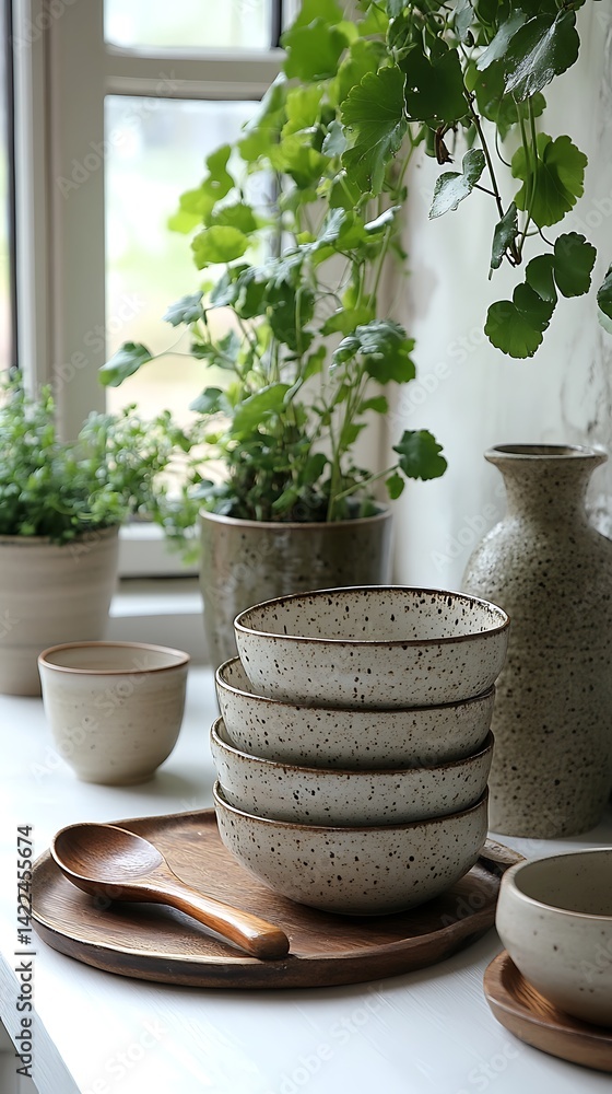 Rustic Ceramic Bowls Stacked on Wooden Tray with Wooden Spoon Near Window and Green Plants Arrangement.
