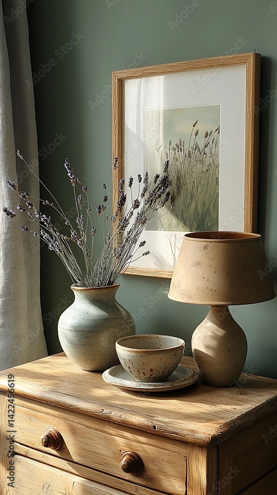 Rustic Home Decor with Dried Flowers, Ceramic Lamp, and Earthy Tones on a Vintage Wooden Dresser Surface.