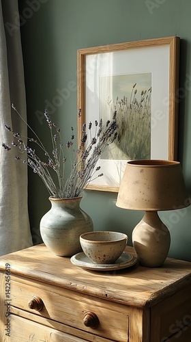Obraz na płótnie Rustic Home Decor with Dried Flowers, Ceramic Lamp, and Earthy Tones on a Vintage Wooden Dresser Surface. w salonie