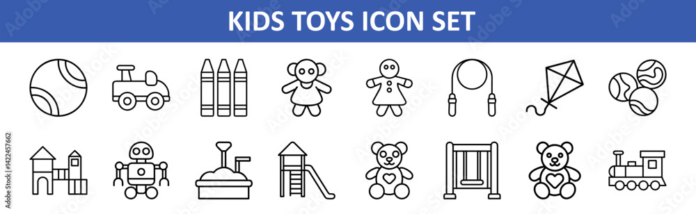 Kids toys icon set vector illustration with train kite doll crayon robot teddy bear and swing set Kids toys icon set vector illustration with train kite doll crayon robot teddy bear and swing set
