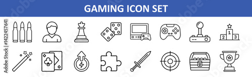 Gaming icons set vector illustration featuring joystick controller and chess piece outline design
