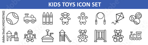 Kids toys icon set vector illustration with train kite doll crayon robot teddy bear and swing set