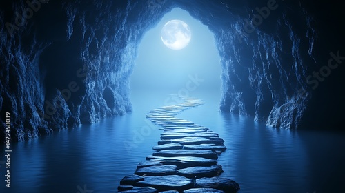 Moonlit Cave Path Through Water